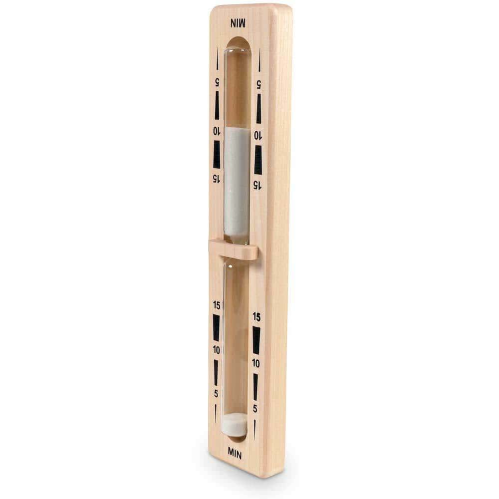 Sablier de sauna avec sable blanc, minuteur de 15 minutes, design en bois.