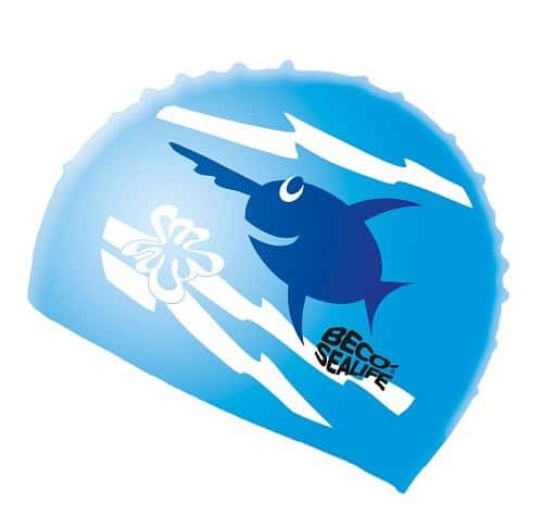 Bonnet de bain enfant en silicone bleu Beco Sealife avec voilier et requin.