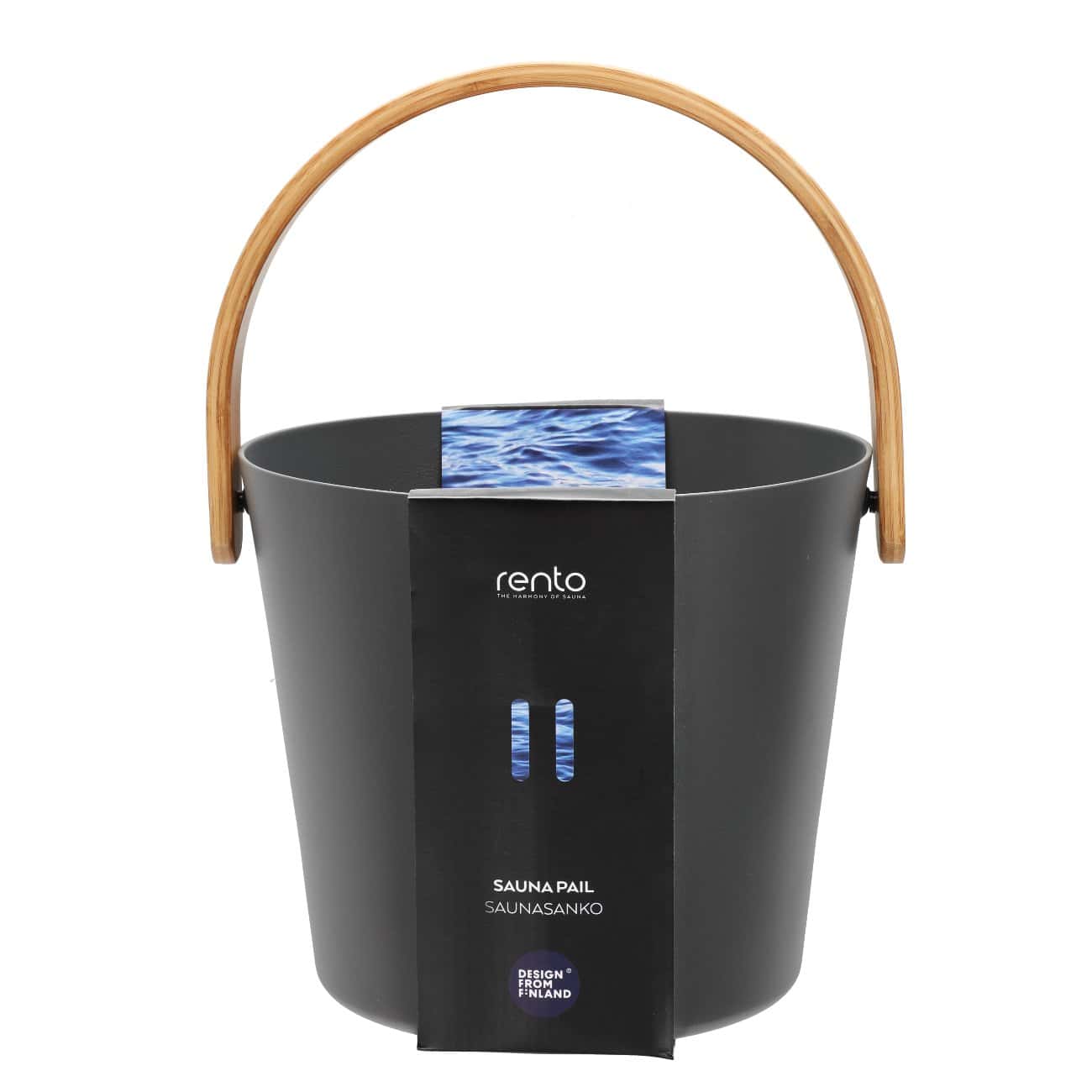 Seau pour sauna avec poignée en bambou et logo eau.