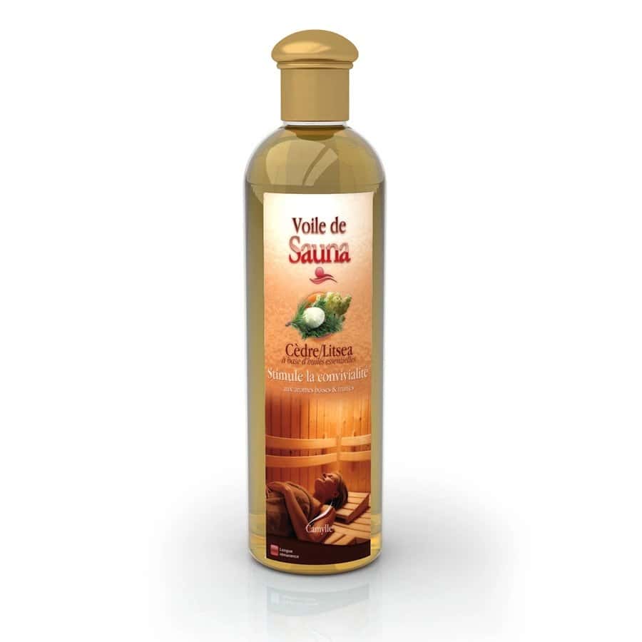 Voile de sauna au bois de cèdre et à la litsée pour la détente et l'aromathérapie.