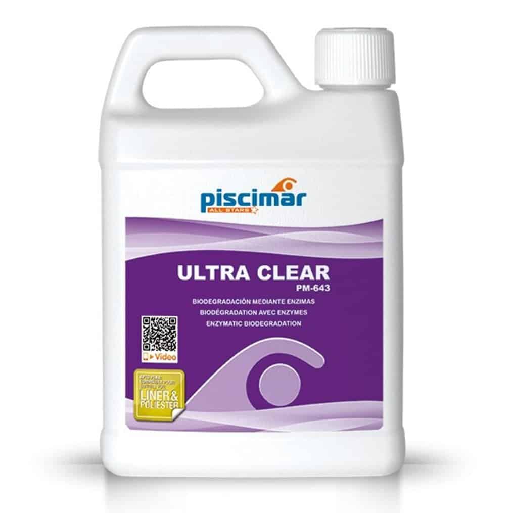Produit de traitement de l'eau Piscimar Ultra Clear pour une eau de piscine claire.