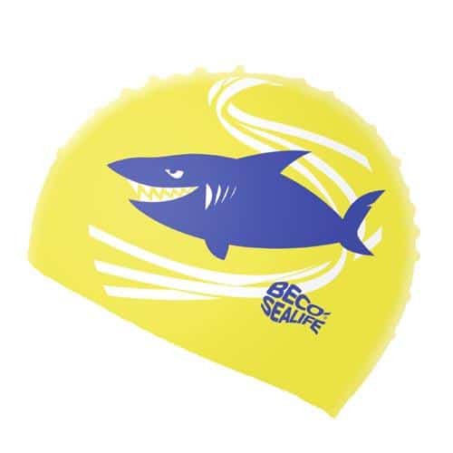 Bonnet de bain enfant en silicone jaune avec motif requin de Beco Sealife.