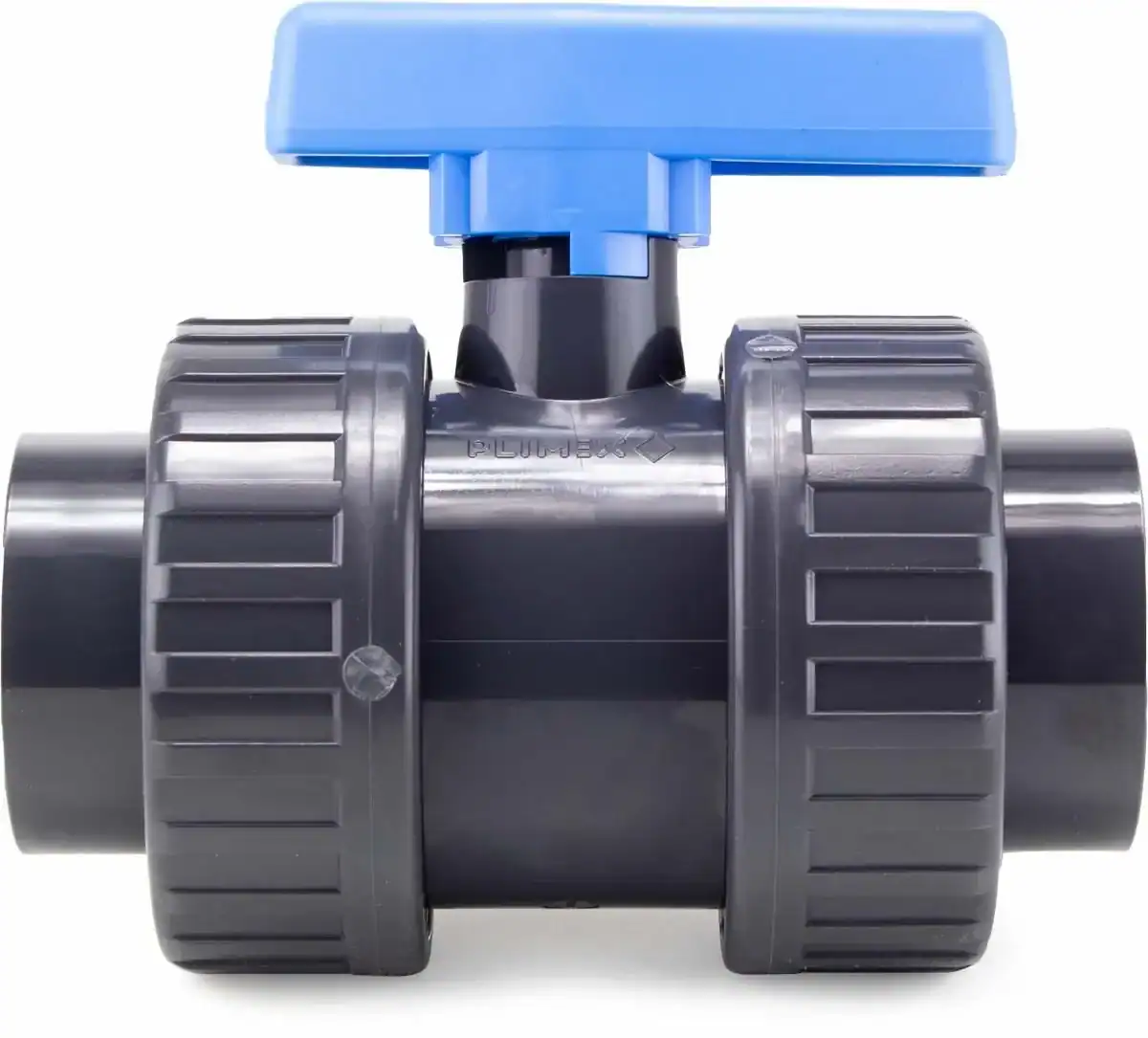 Robinet à bille pour installations de piscine, 63 mm, avec poignée bleue pour une utilisation simple.