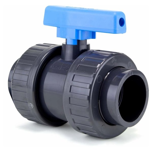 Robinet à boisseau sphérique pour installations de piscine, 50 mm, noir et bleu.