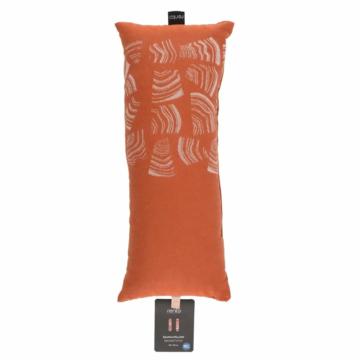 Coussin de sauna Rento Pino en marron à motifs blancs, idéal pour la détente dans le sauna.