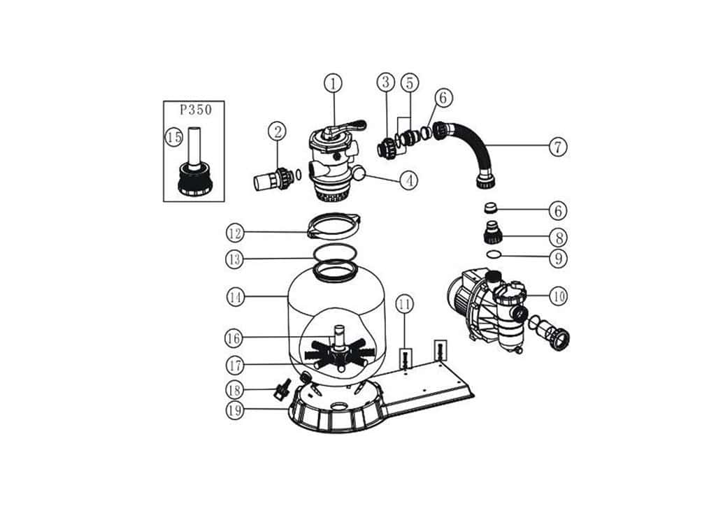 Dessin détaillé des pièces de filtration de piscine et des raccords.