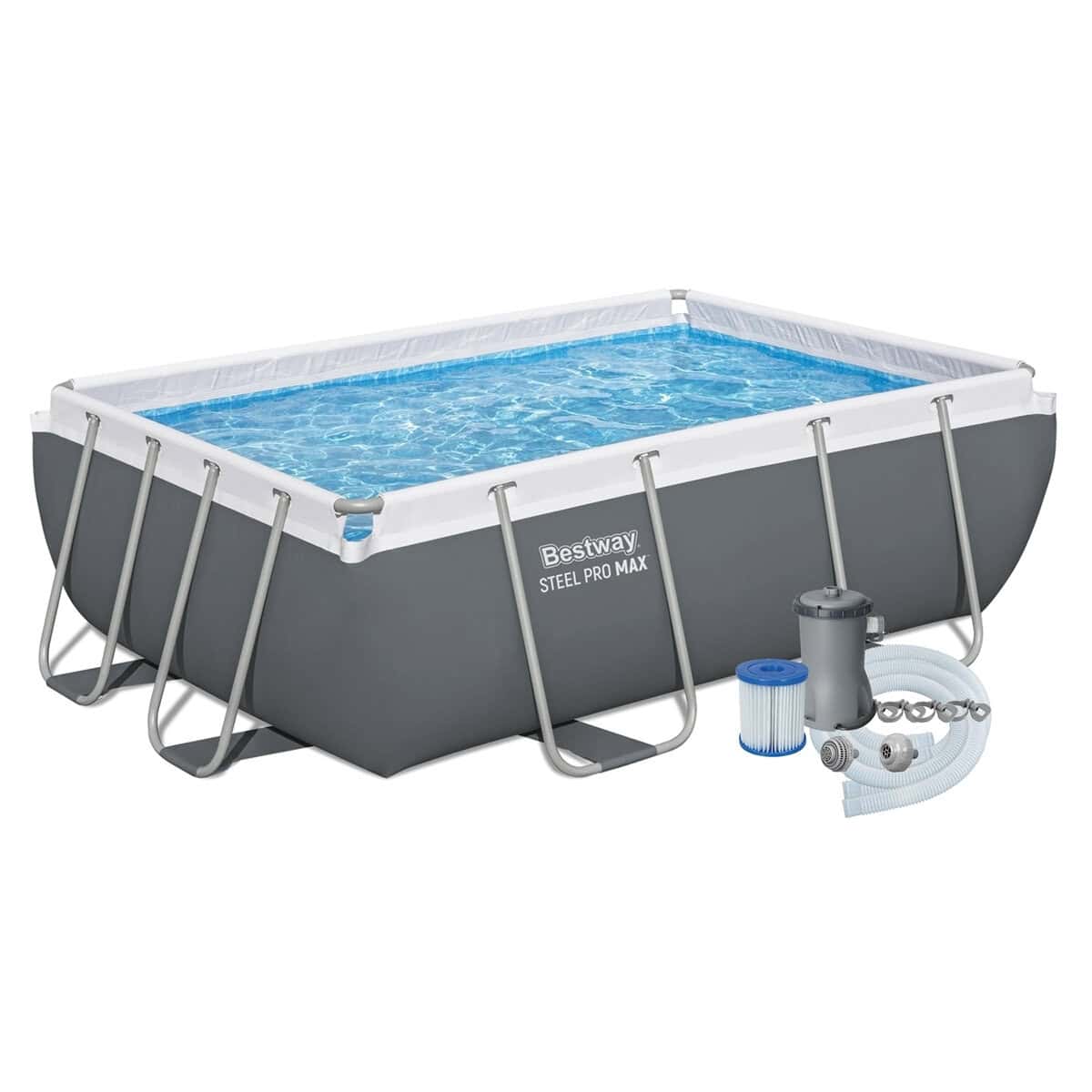 Piscine avec pompe filtrante et accessoires pour un usage domestique.