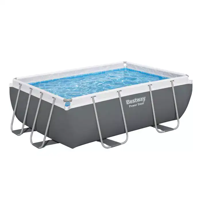 Piscine Bestway Power Steel avec pompe de filtration et accessoires.