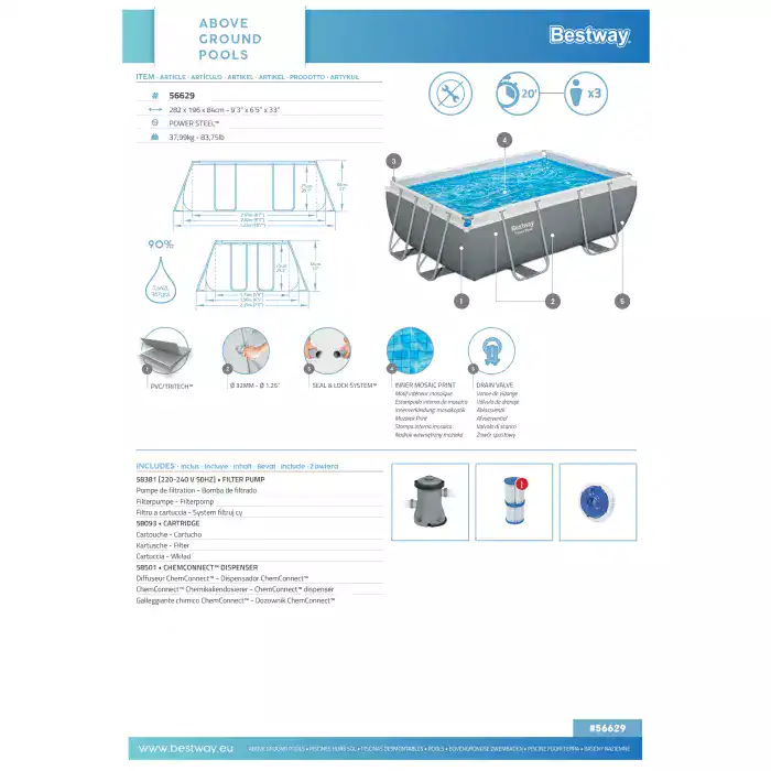 Piscine Bestway Power Steel 282x196x84 cm avec pompe de filtration et accessoires pour un plaisir estival.