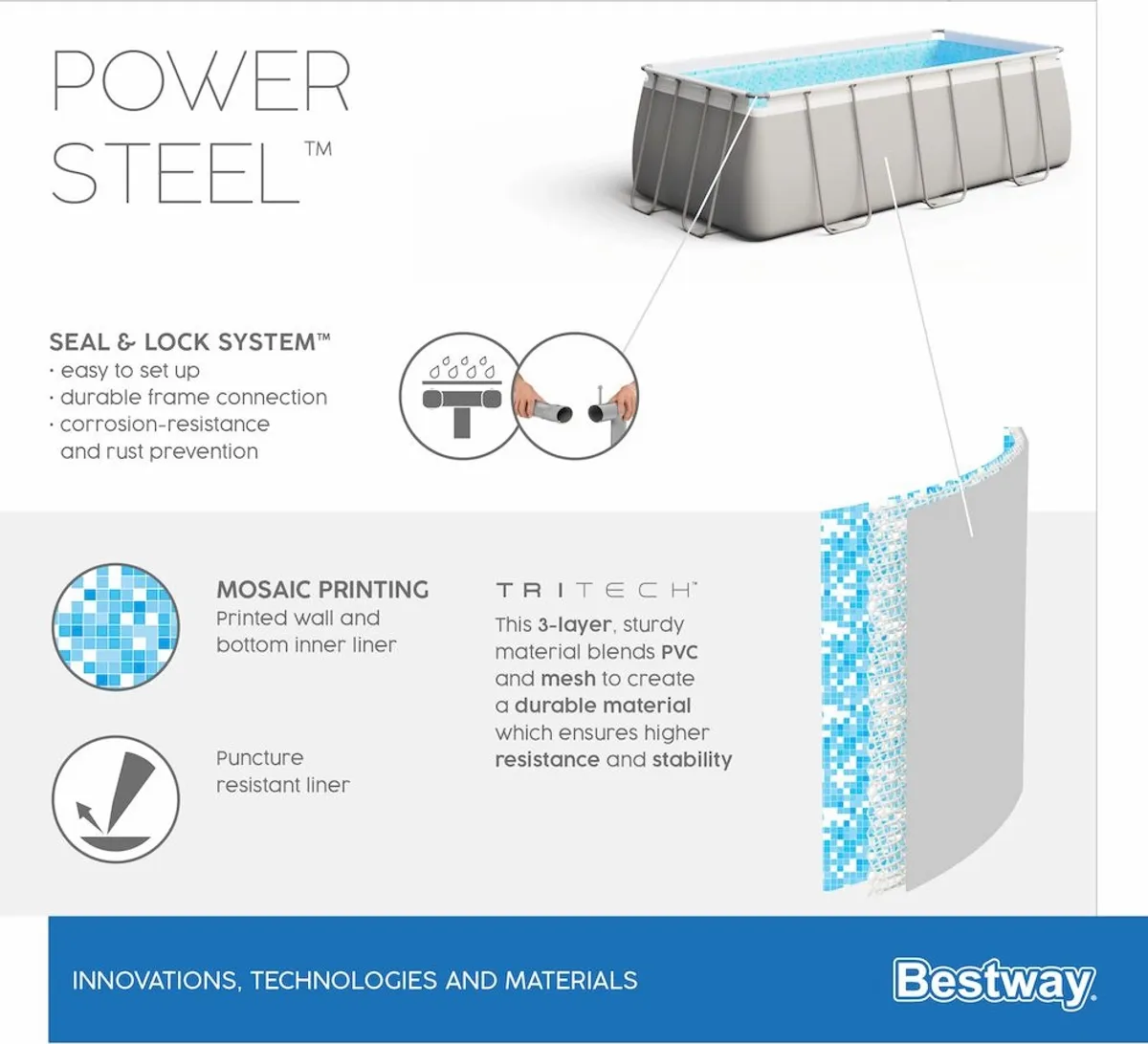 Piscine rectangulaire Bestway Power Steel - 282 x 196 x 84 cm - avec pompe de filtration et accessoires