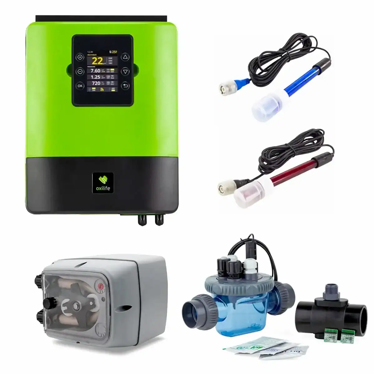 Set d'électrolyse pour le traitement de l'eau de piscine jusqu'à 120 m³, y compris panneau de contrôle et accessoires.