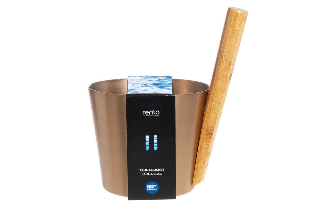 Seau pour sauna avec louche en bois, idéal pour la détente et le bien-être.