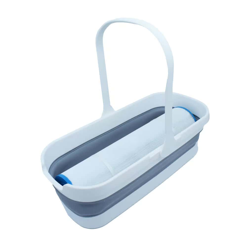 Seau pour le nettoyage des filtres de spa avec rouleau filtrant amovible.