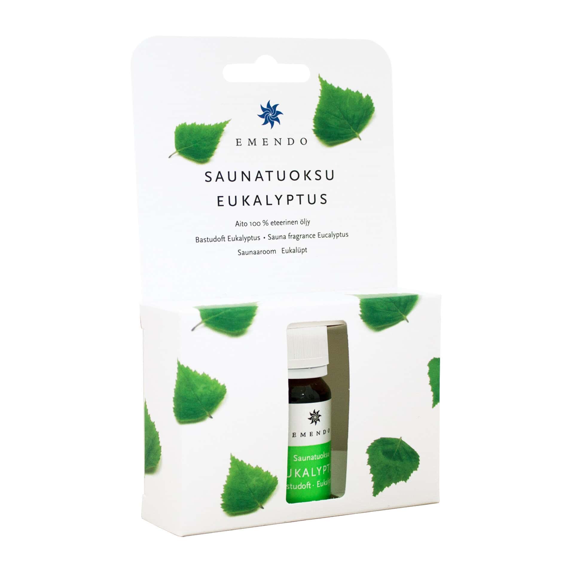Parfum Eucalyptus pour sauna, flacon de 10 ml dans un emballage avec feuilles vertes.
