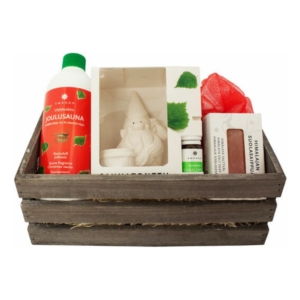 Coffret cadeau sauna pour Noël avec produits de bain et accessoires.