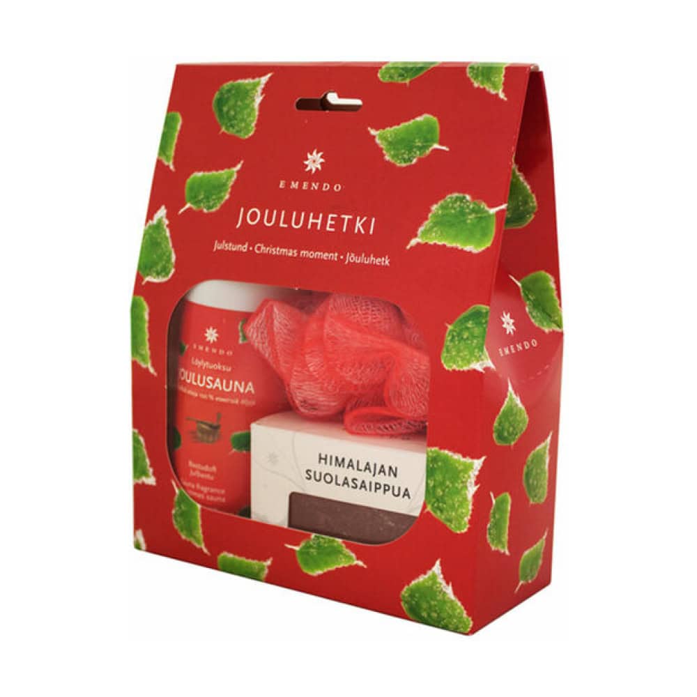 Coffret cadeau sauna Emendo à thème de Noël, comprenant un savon au sel de l'Himalaya et une boule de gommage.