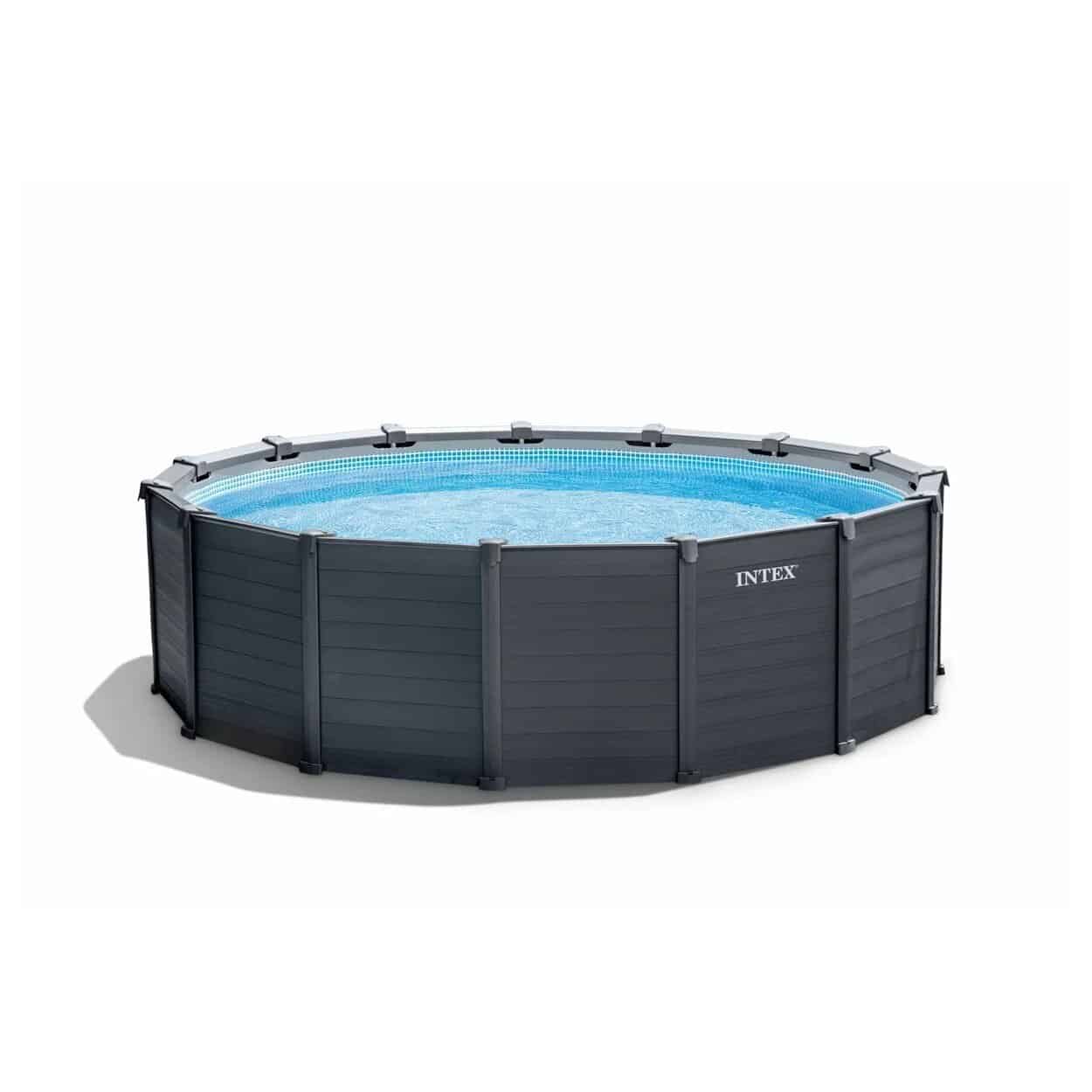 Piscine Intex Graphite Grey Panel avec pompe à filtre à sable et accessoires, idéale pour la détente estivale.