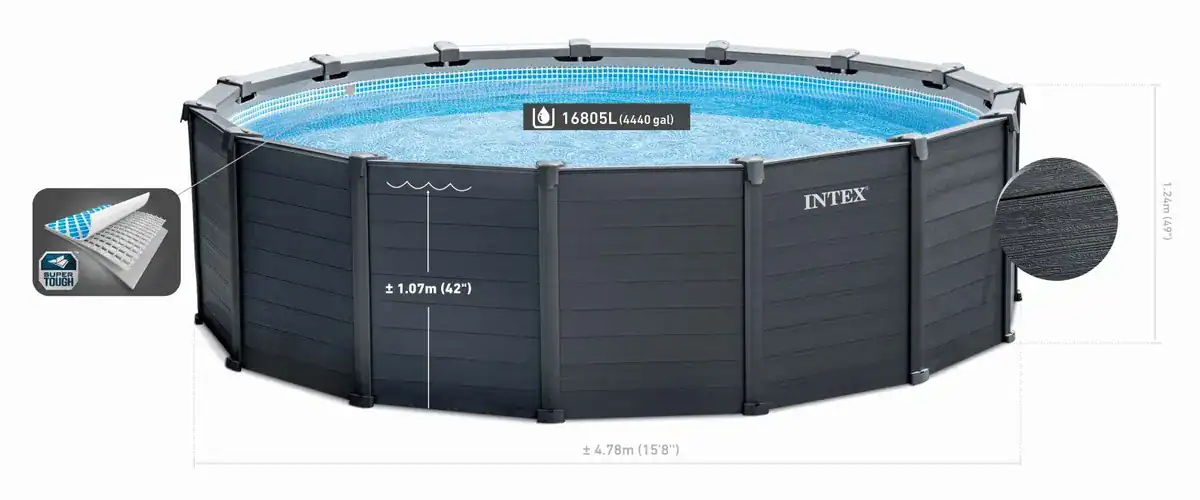 Piscine Intex Graphite Grey avec pompe à filtre à sable et accessoires pour le plaisir de l'été.