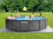 Piscine Intex Greywood Prism Frame avec pompe de filtration et accessoires.