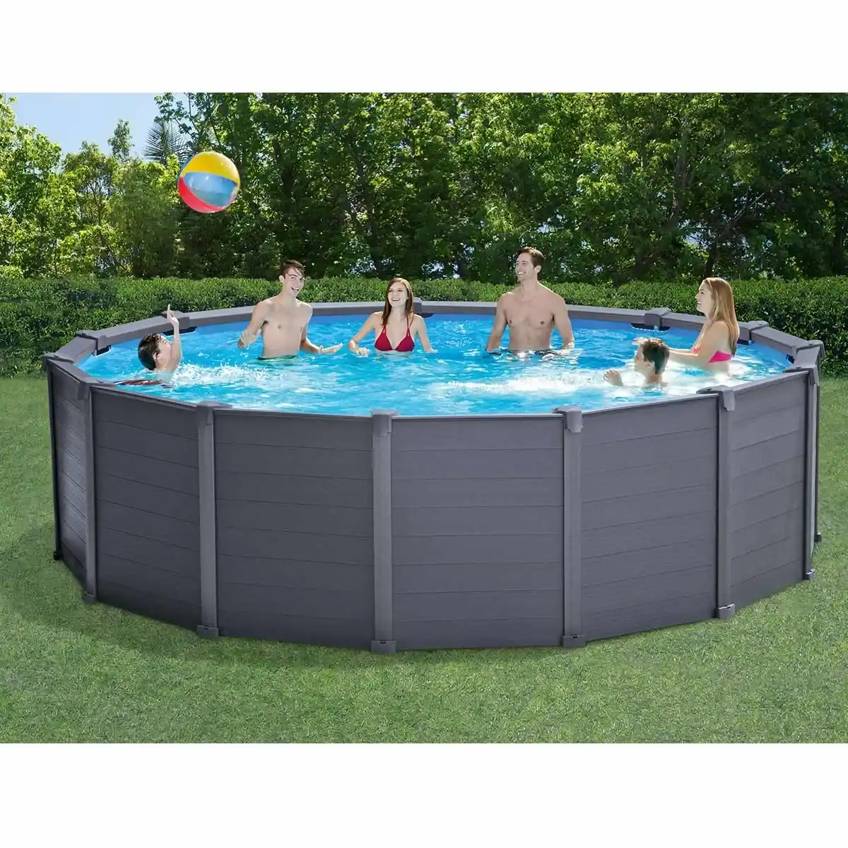 Piscine Intex Graphite Grey avec pompe à filtre à sable, adaptée à la famille, 478x124 cm, facile à installer.