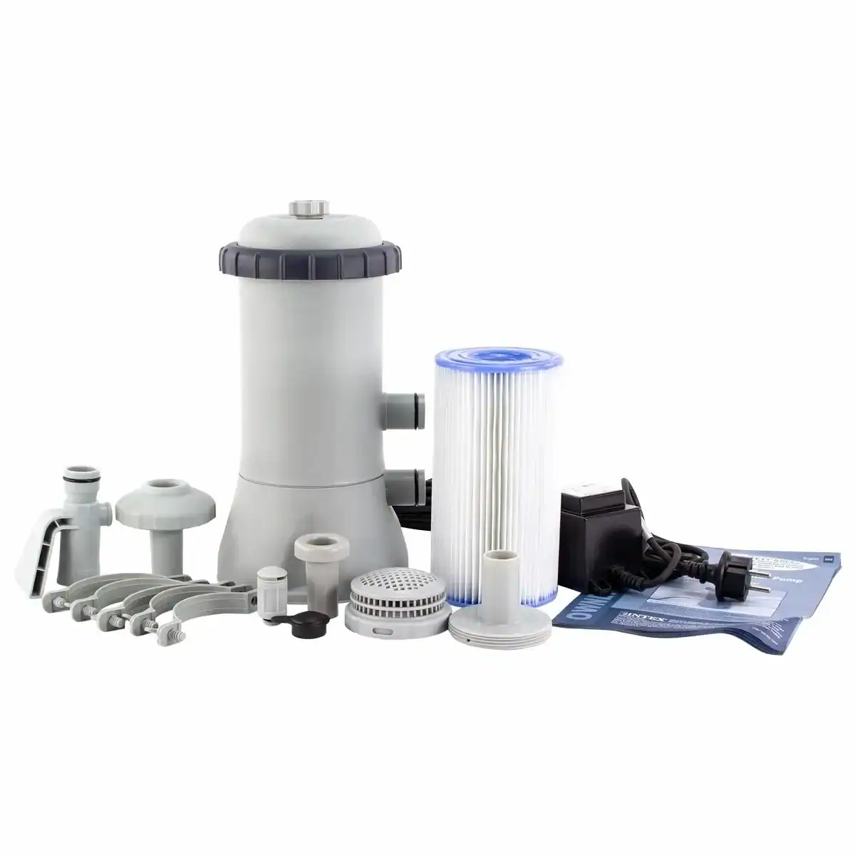 Pompe filtrante Intex C530 pour piscines, 2271 litres/heure, cartouche filtrante et accessoires inclus.