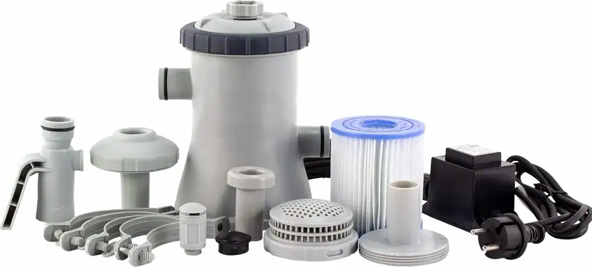 Pompe filtrante Intex C330 pour piscine, 1250 l/heure, filtre et accessoires inclus.