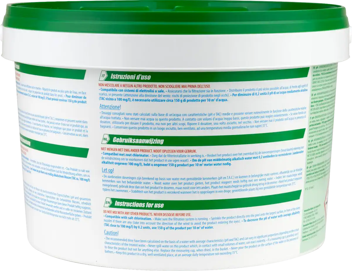 Seau de produit nettoyant pour piscine avec instructions d'utilisation.