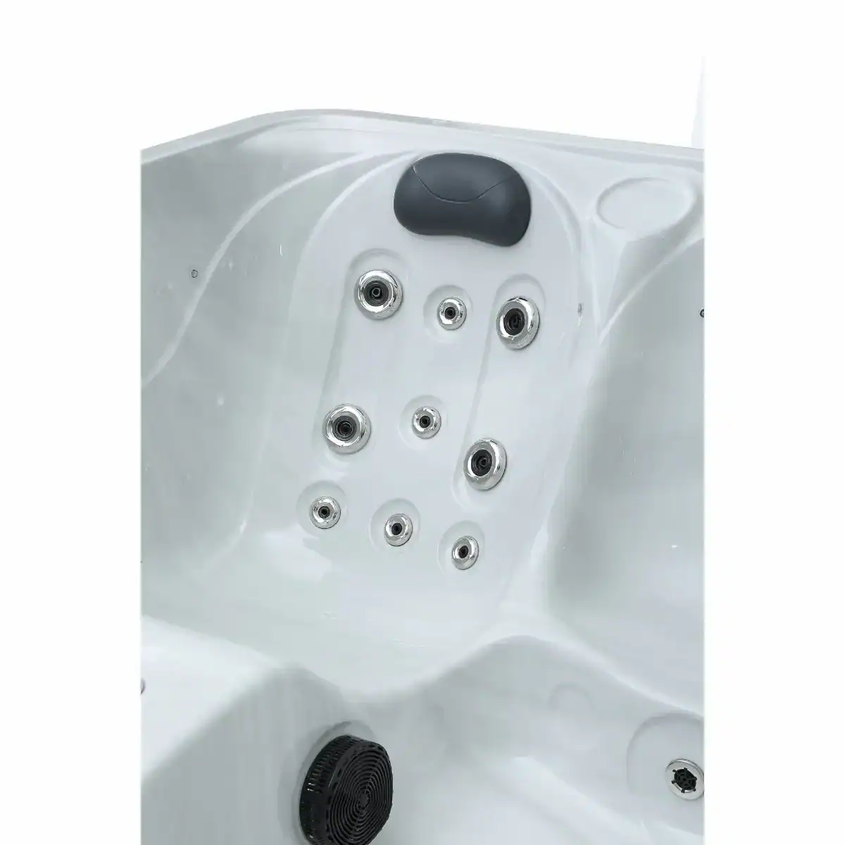 Spa jacuzzi de luxe avec plusieurs jets et appui-tête pour la détente.