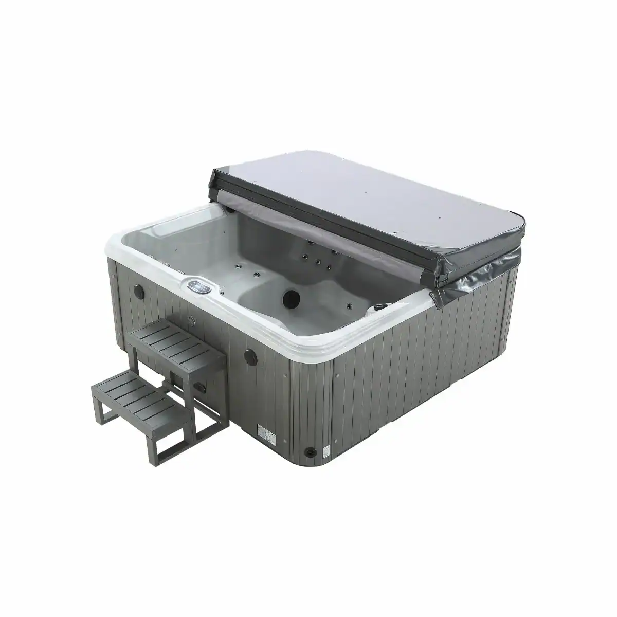 Spa gonflable de luxe avec couverture et marchepied pour la détente.