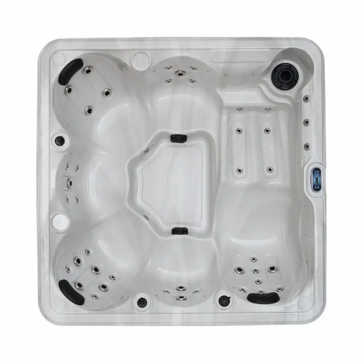 Jacuzzi de luxe avec jets de massage et éclairage pour la détente.