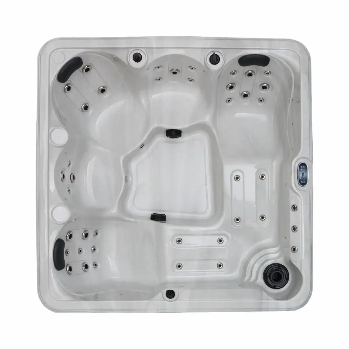 Jacuzzi de luxe avec plusieurs places assises et jets pour la détente.
