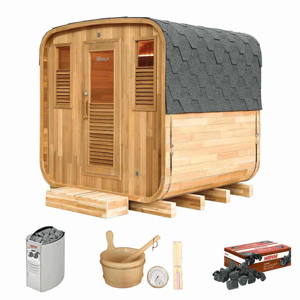 Sauna extérieur en bois avec accessoires pour la détente et le bien-être.