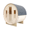 Sauna extérieur compact de luxe en bois avec fenêtres et porte, parfait pour se détendre dans le jardin.