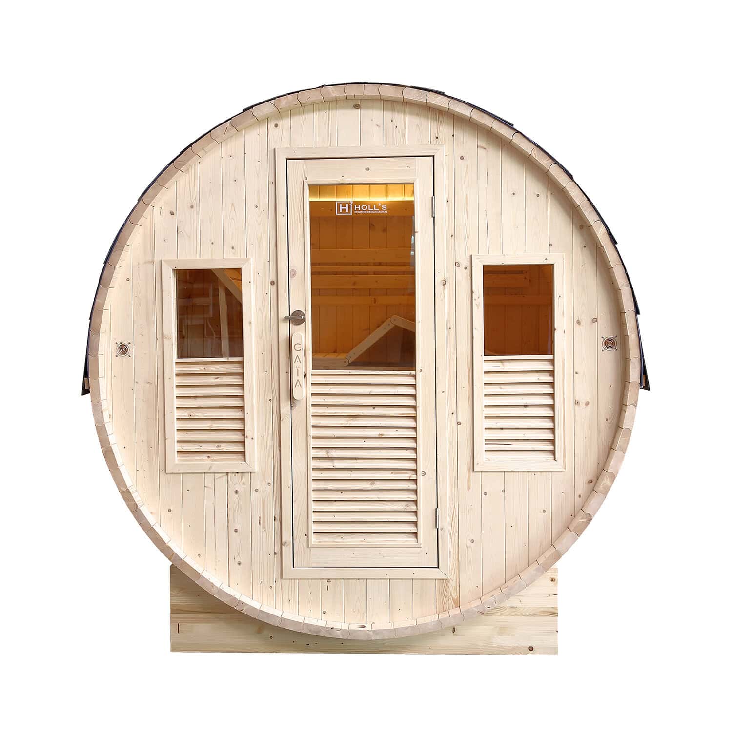 Sauna extérieur compact de luxe en bois avec porte et fenêtres, parfait pour la détente au jardin.