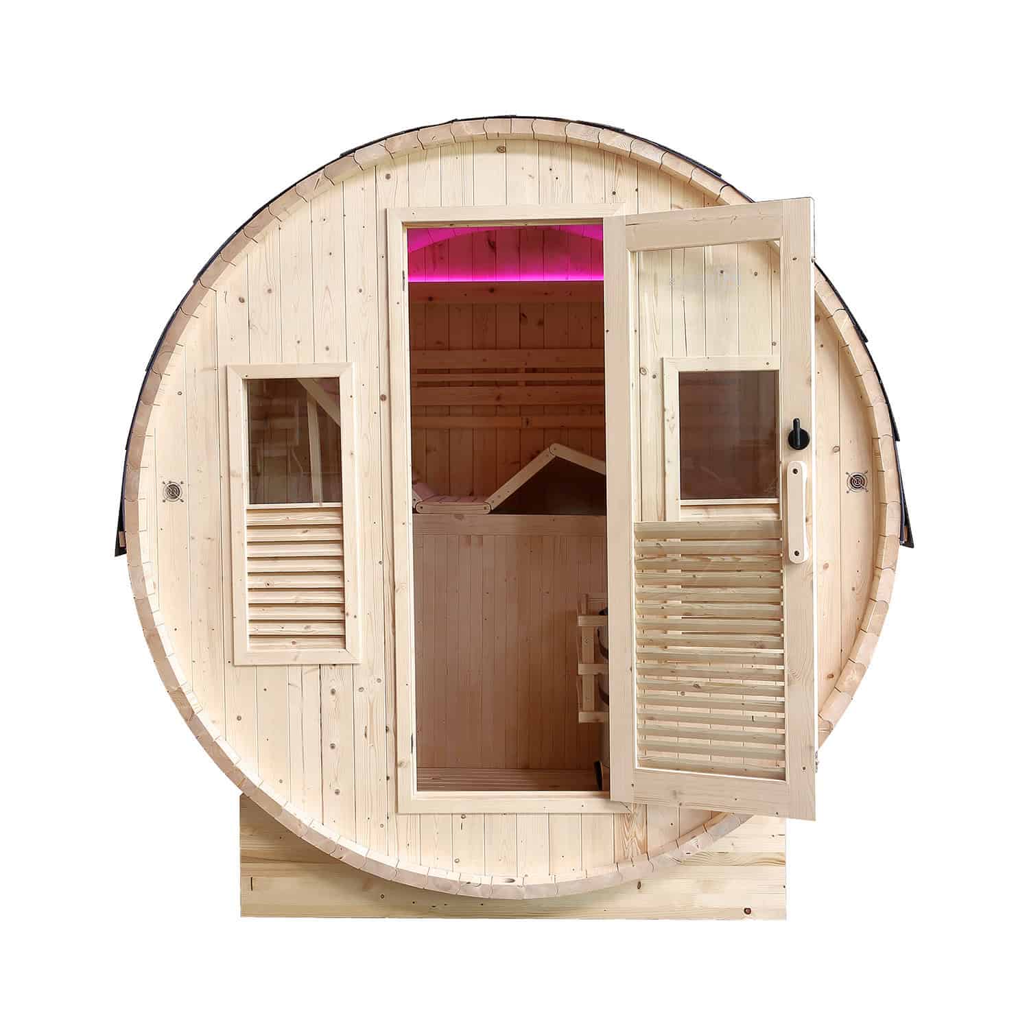 Sauna extérieur compact de luxe avec porte vitrée et éclairage intérieur, parfait pour la détente au jardin.