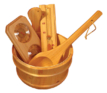 Set d'accessoires pour sauna extérieur avec thermomètre en bois, louche et instruments de mesure.
