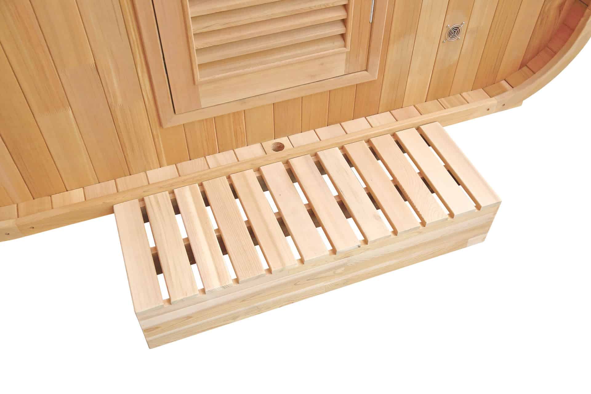 Banc de sauna alternatif en bois d'épicéa pour usage extérieur.