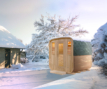 Sauna extérieur dans un environnement hivernal avec neige et arbres.