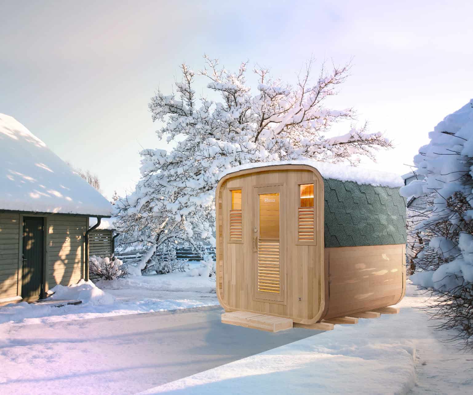 Sauna extérieur dans un environnement hivernal avec neige et arbres.