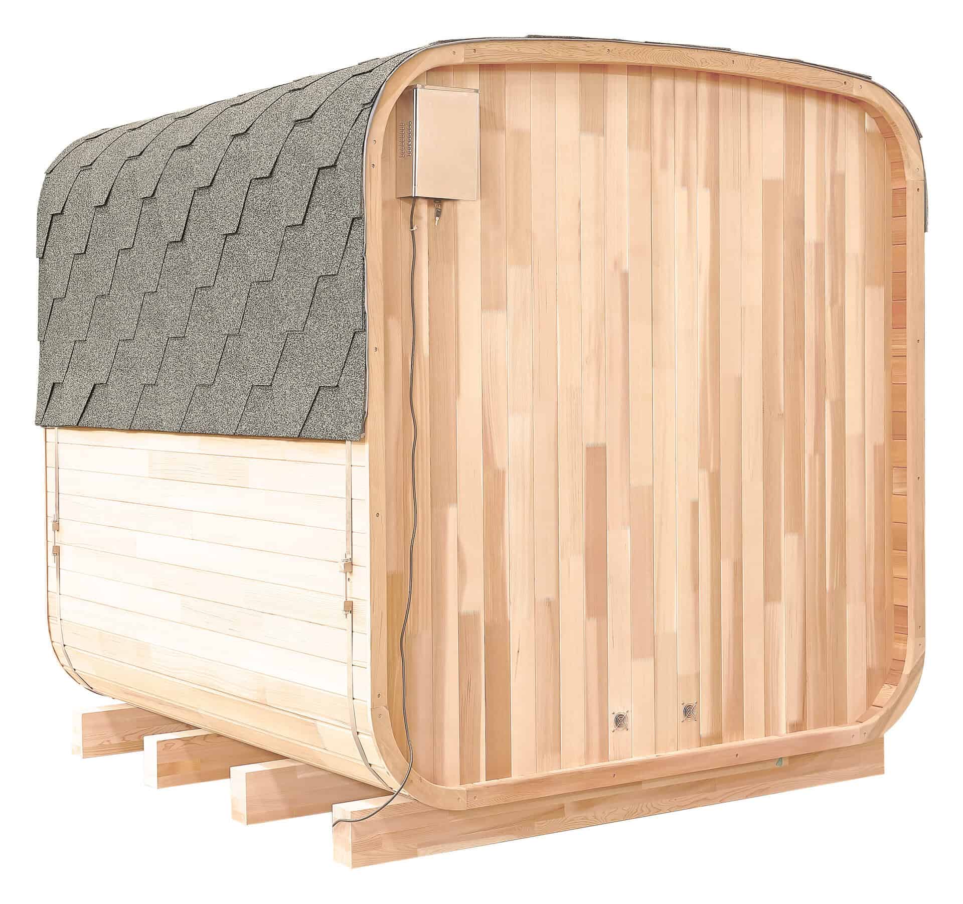 Sauna extérieur pour 6 personnes avec finition en bois et accessoires.