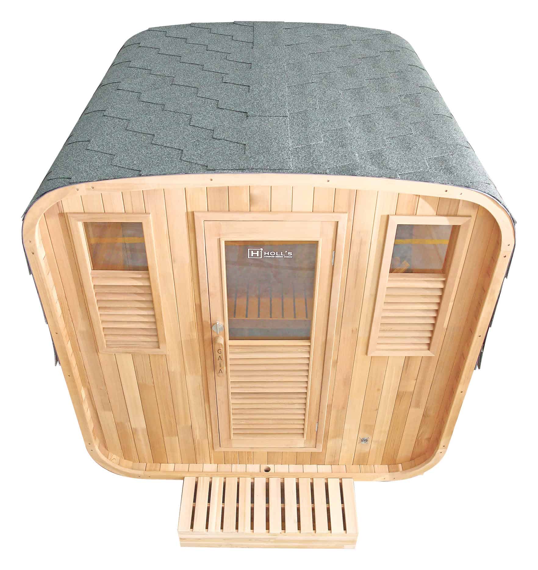 Sauna extérieur en bois avec porte et fenêtres en verre, adapté à 6 personnes.