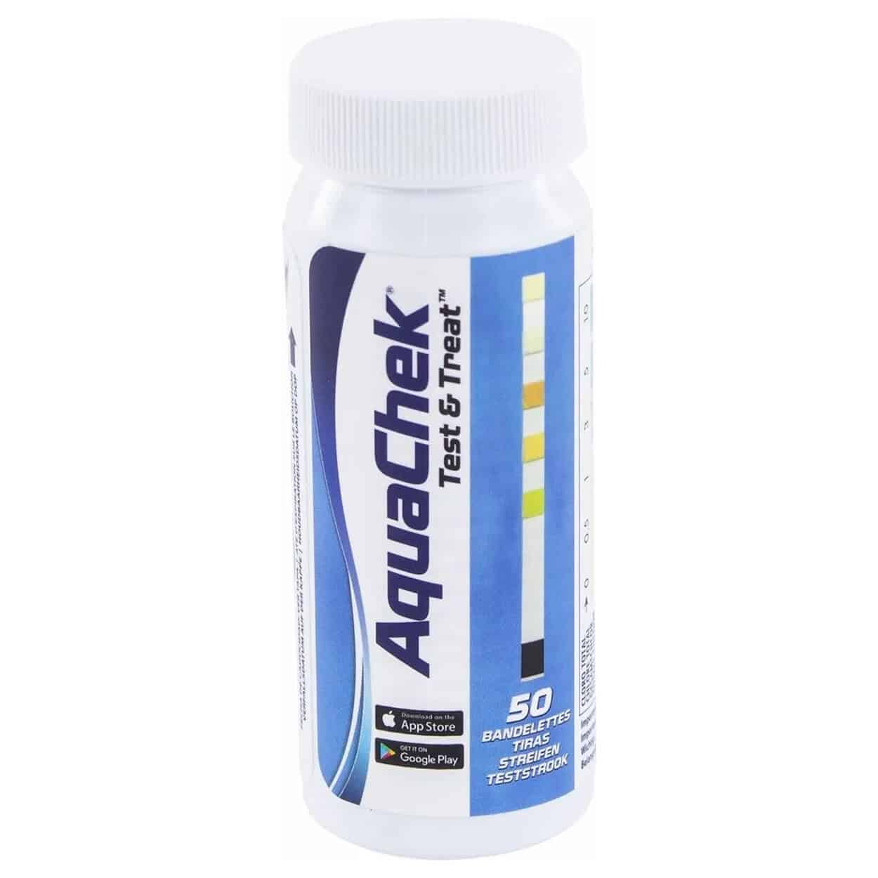 Bandelettes de test AquaChek pour l'eau de piscine, avec application pour des résultats de test rapides.