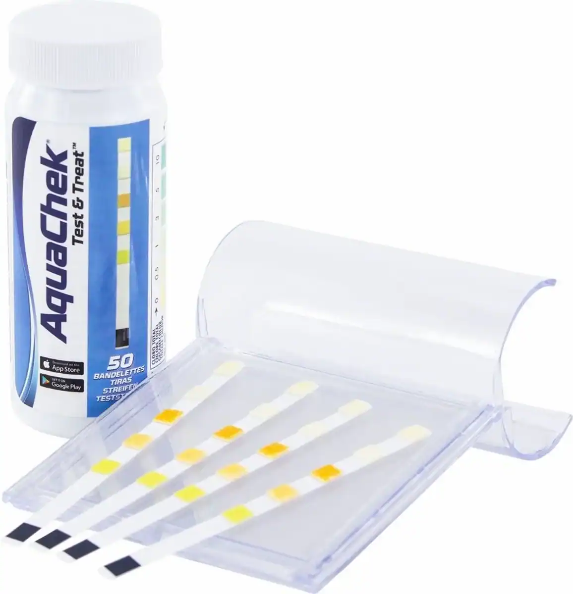 Bandelettes de test AquaChek pour le contrôle de la qualité de l'eau avec application mobile.