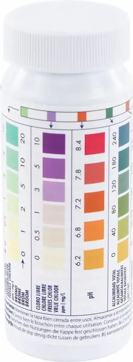 Bandelettes de test pour l'eau de piscine avec application pour une analyse rapide de l'eau.