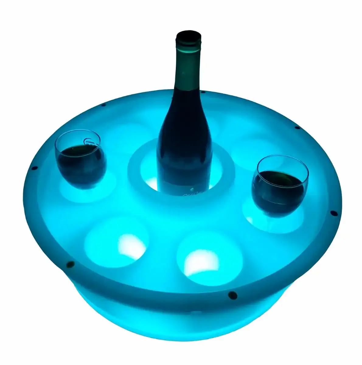 Bar de spa flottant avec éclairage LED et bouteille de vin, idéal pour la détente dans la piscine.