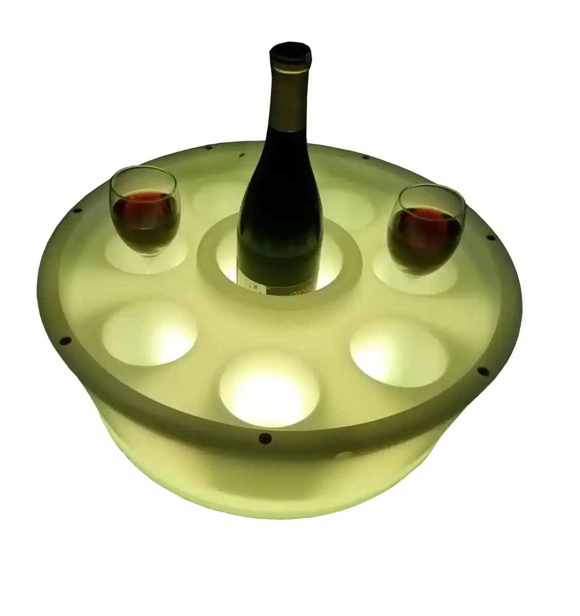 Bar de spa flottant avec éclairage LED et bouteille de vin, idéal pour la détente et les fêtes dans la piscine.