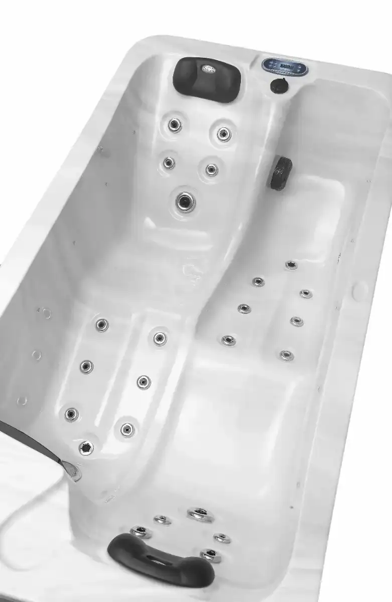 Bain spa de luxe 2 personnes avec jets de massage et appuie-têtes.
