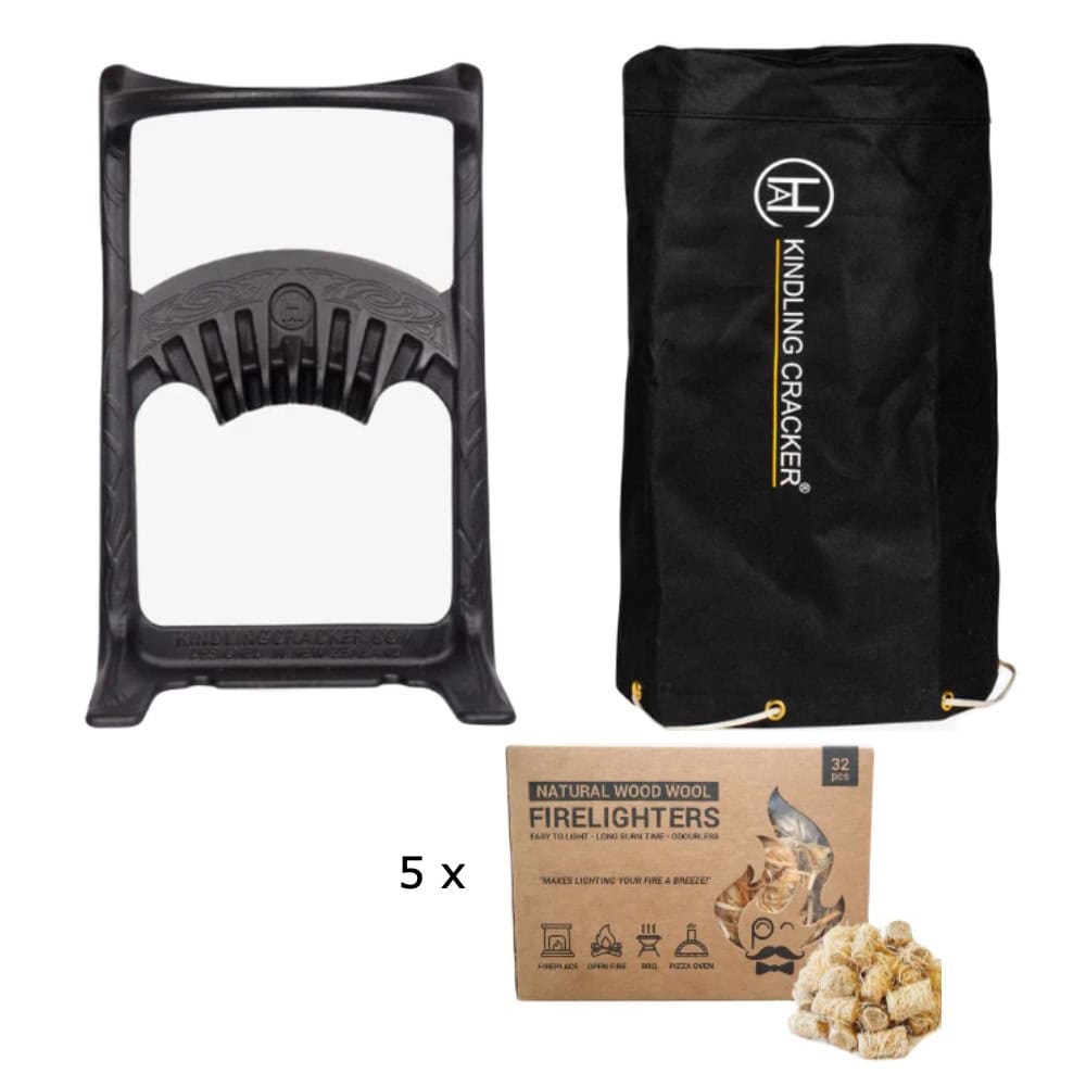 Fendeur de bois Kindling Cracker King et accessoires pour un allumage de feu efficace.