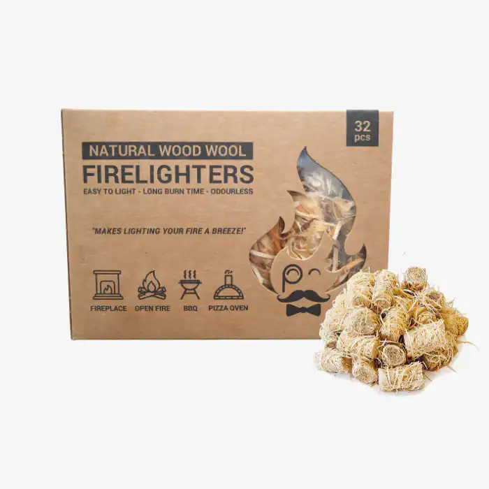 Allume-feu en laine de bois naturelle pour cheminée ouverte, barbecue et four à pizza, 32 pièces.