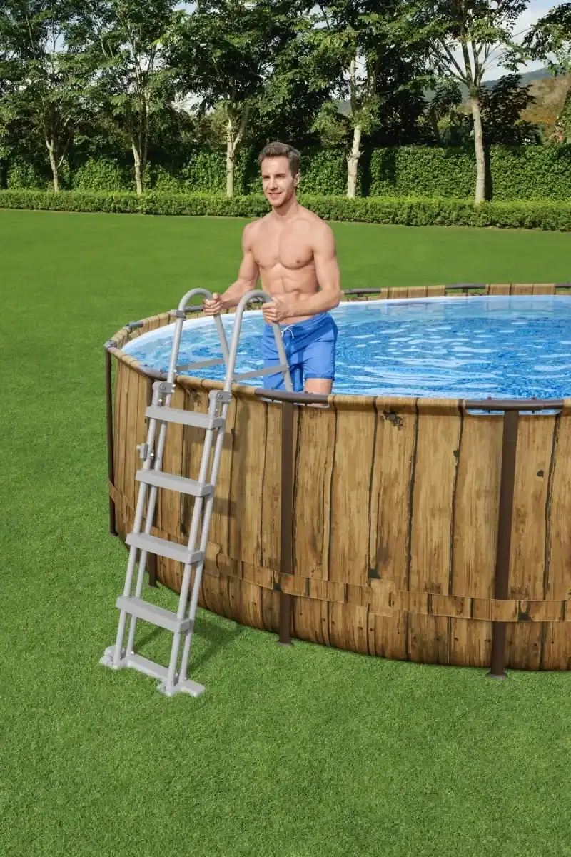 Escalier de piscine pour piscines Bestway, réglable en hauteur de 107 à 122 cm, avec marches amovibles.
